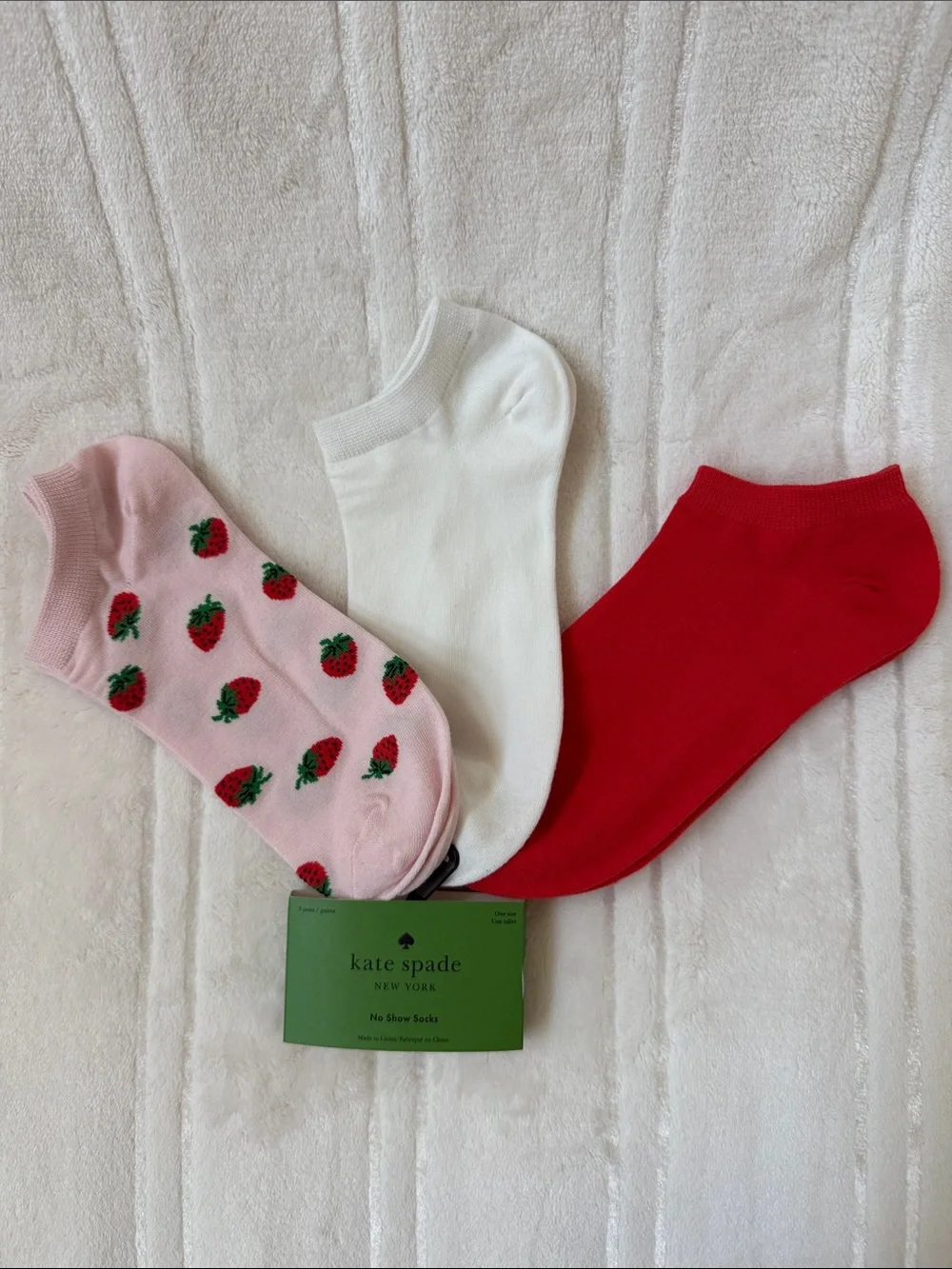 Kate Spade New York 3 Pairs Pink Strawberry, White & Red No-Show Sock Set